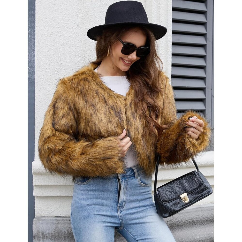 Women's Brown Gihuo Cropped Faux Fur Coat Open Front Fleece Winter Jacket - Picture 5 of 7